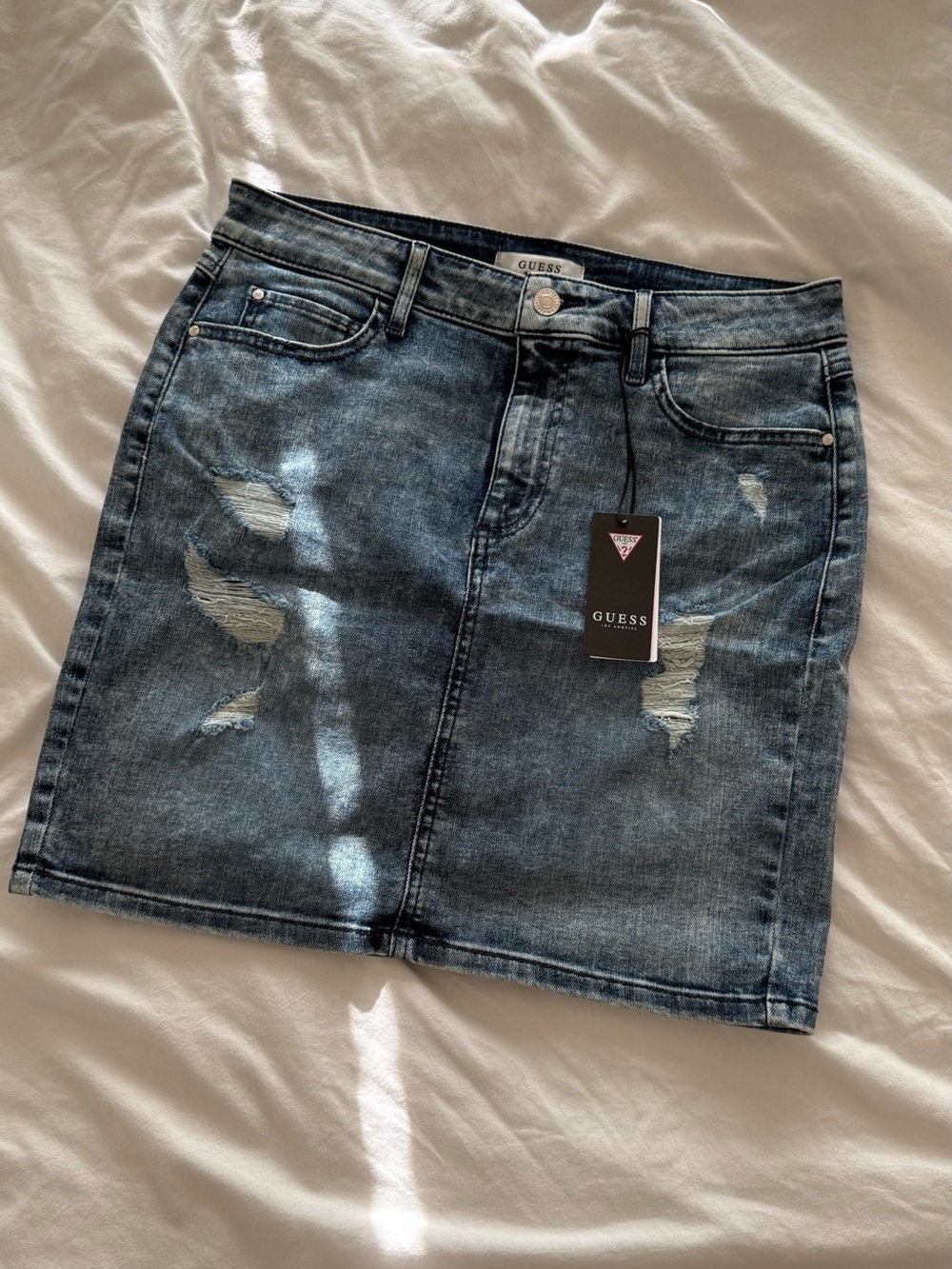 New GUESS Pascale Dark Wash Destroyed Denim High Waisted Bodycon Mini Skirt